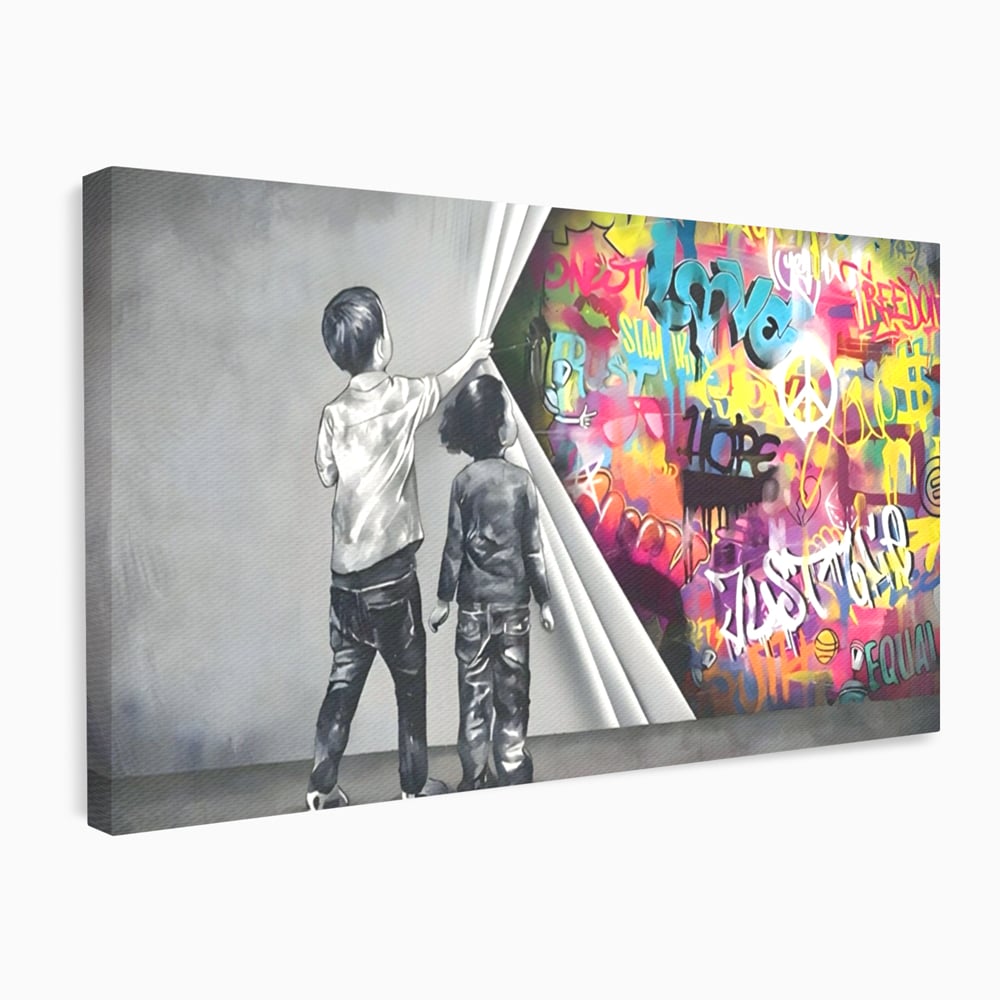 Tablou canvas cu tablou canvas cu copii si perete grafitti, fara rama, pe sasiu de lemn